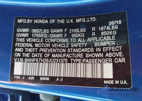 2018 Honda Civic Lx z USA, uszkodzony, nr VIN SHHFK7H26JU231375